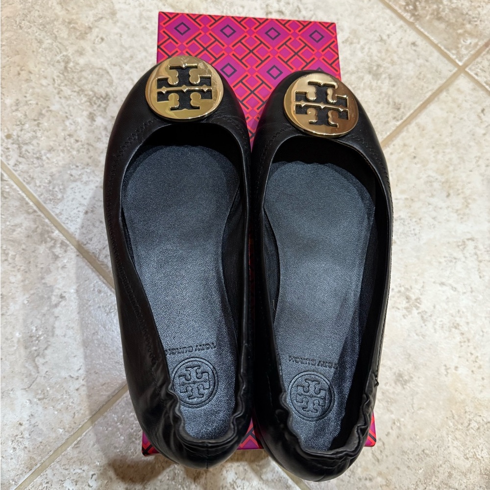 Tory Burch Black Leather Flats with Gold Logo